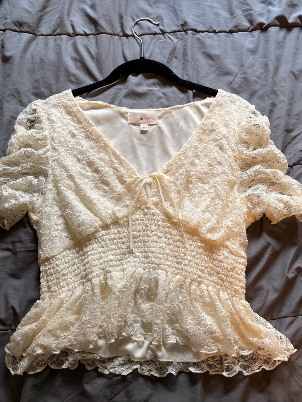 La Pêche Cream Lace Smocked Peplum Blouse
